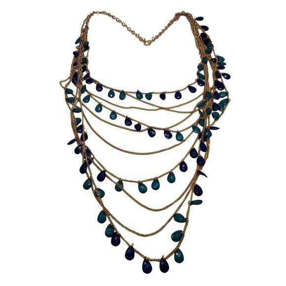 Multilayered Gold Toned Chain with Blue Glass Charms Necklace Adjustable - Picture 2 of 6